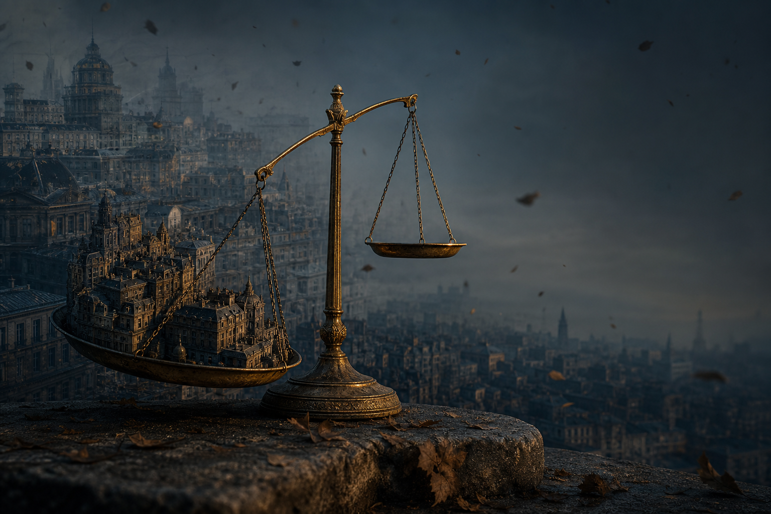 Une balance ancienne en laiton, déséquilibrée, tenant un quartier de ville entier sur son plateau bas face à un plateau vide, au crépuscule sur une skyline embrumée.