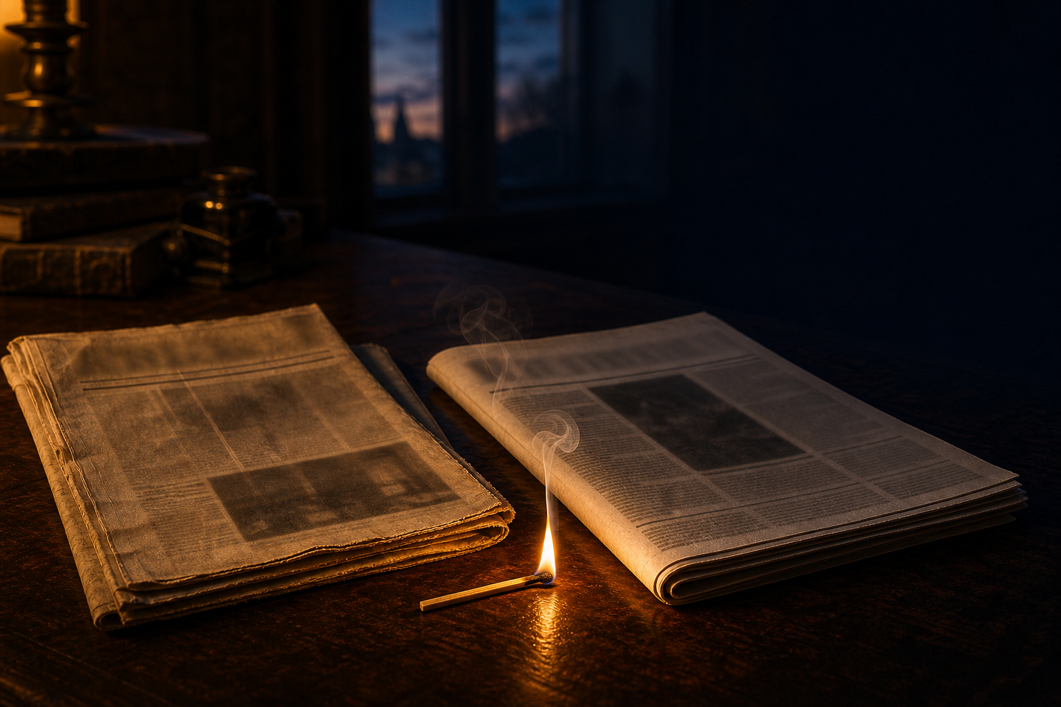 Un match qui vient de s'enflammer entre deux journaux pliés posés sur un bureau sombre, au crépuscule.