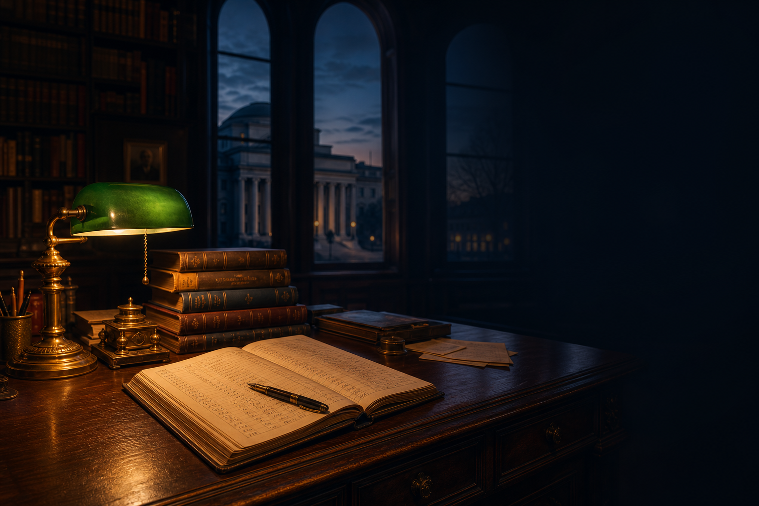 Un bureau d'universitaire au crépuscule : lampe de banquier en laiton, registre relié couvert de colonnes de chiffres, plume posée dessus, silhouette d'un bâtiment néoclassique à l'extérieur.